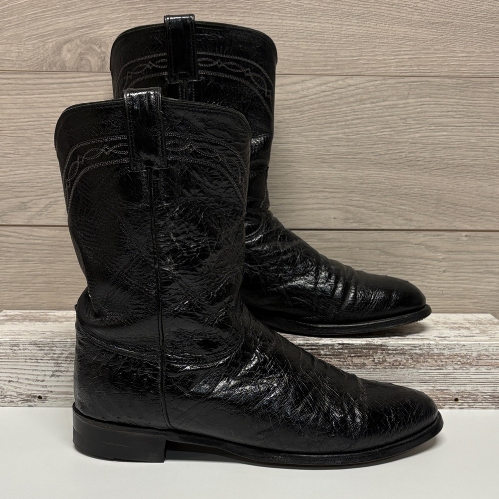 Vintage Justin USA Made Black Ostrich Leather Roper Western Boots
